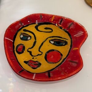Vibrant Sun Face Ceramic Plate - Red and Yellow